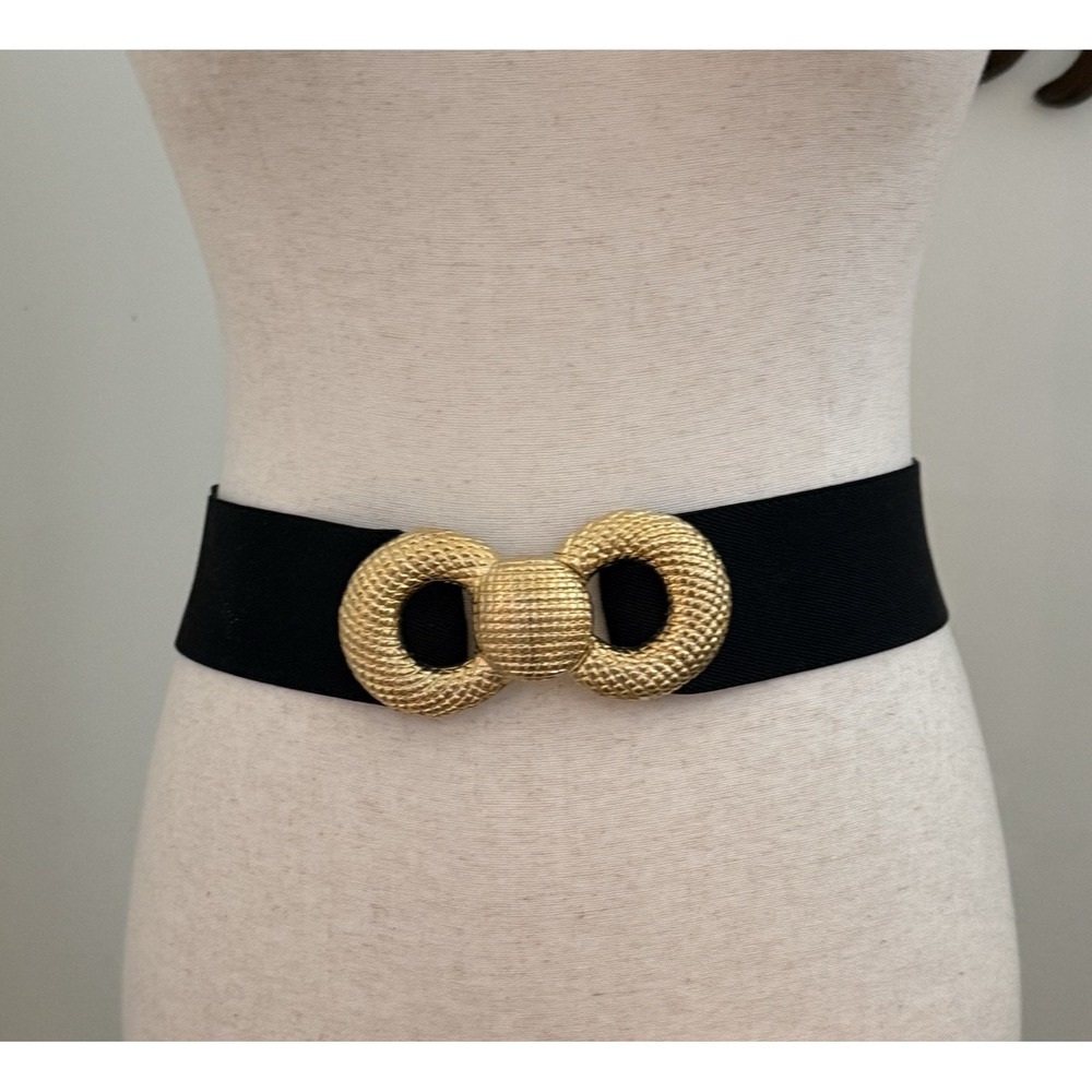 Vintage 1980s Black Stretch Belt Oversized Gold Double Loop Buckle 24–28" Cinch